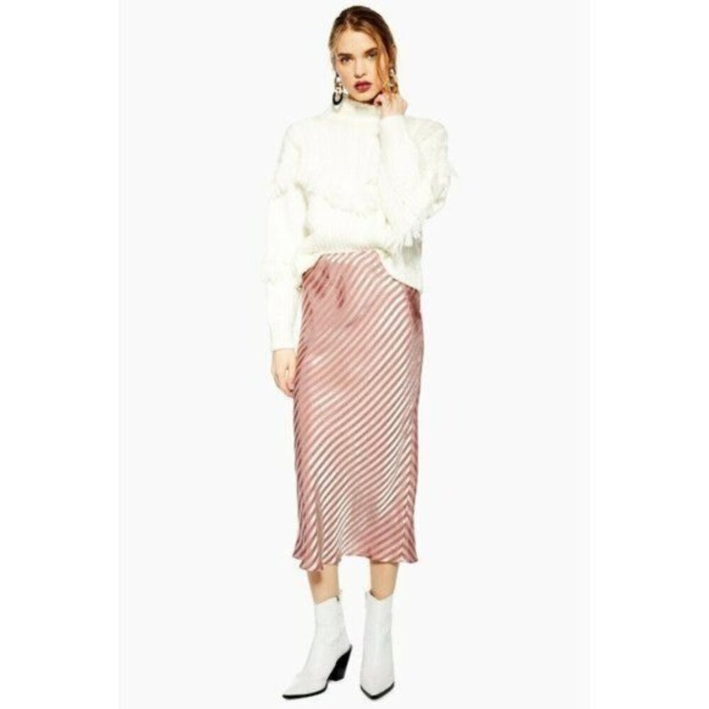TOPSHOP Slip Skirt Bias Stripe Satin Slip Pink Midi Skirt SZ 8 US NEW